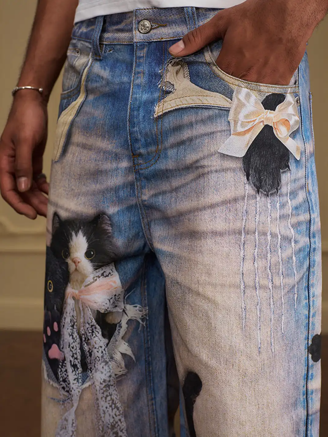 YADcrew | Black Cat Doll Bow Fun Printed Jeans