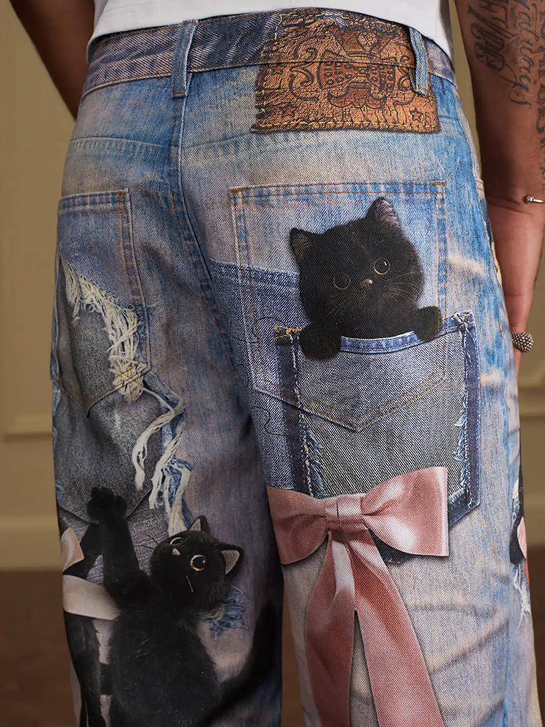 YADcrew | Black Cat Doll Bow Fun Printed Jeans