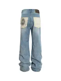 YADcrew | Frayed Print Back Pocket Lightning Bolt Pattern Jeans