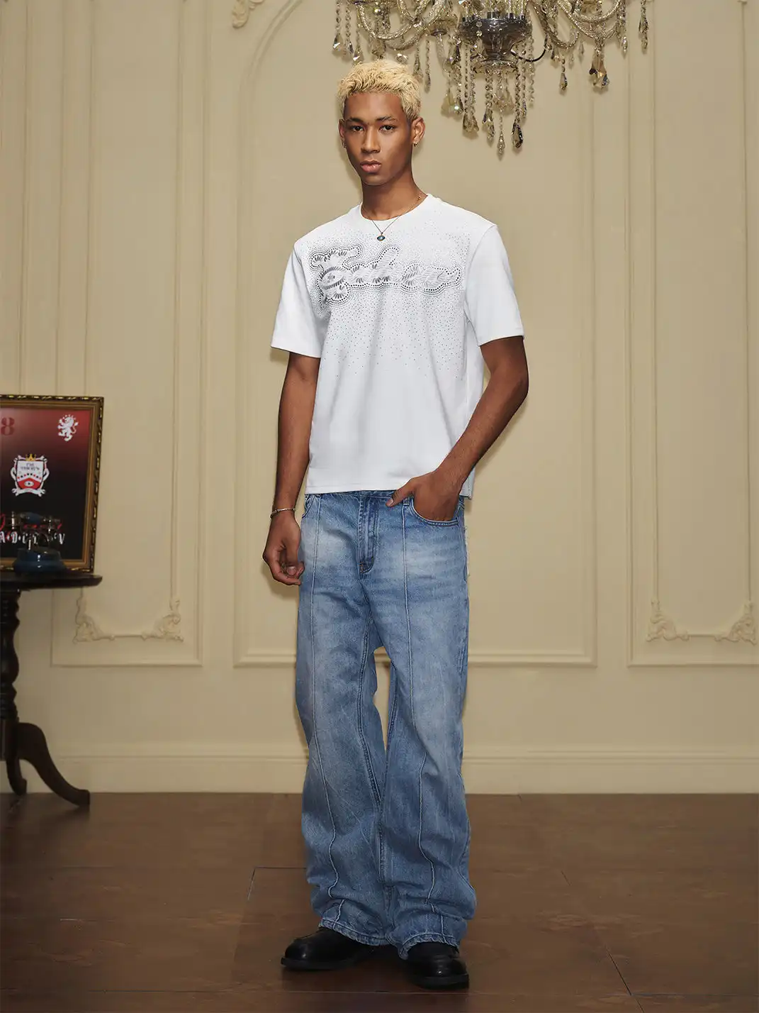 YADcrew | Frayed Print Back Pocket Lightning Bolt Pattern Jeans