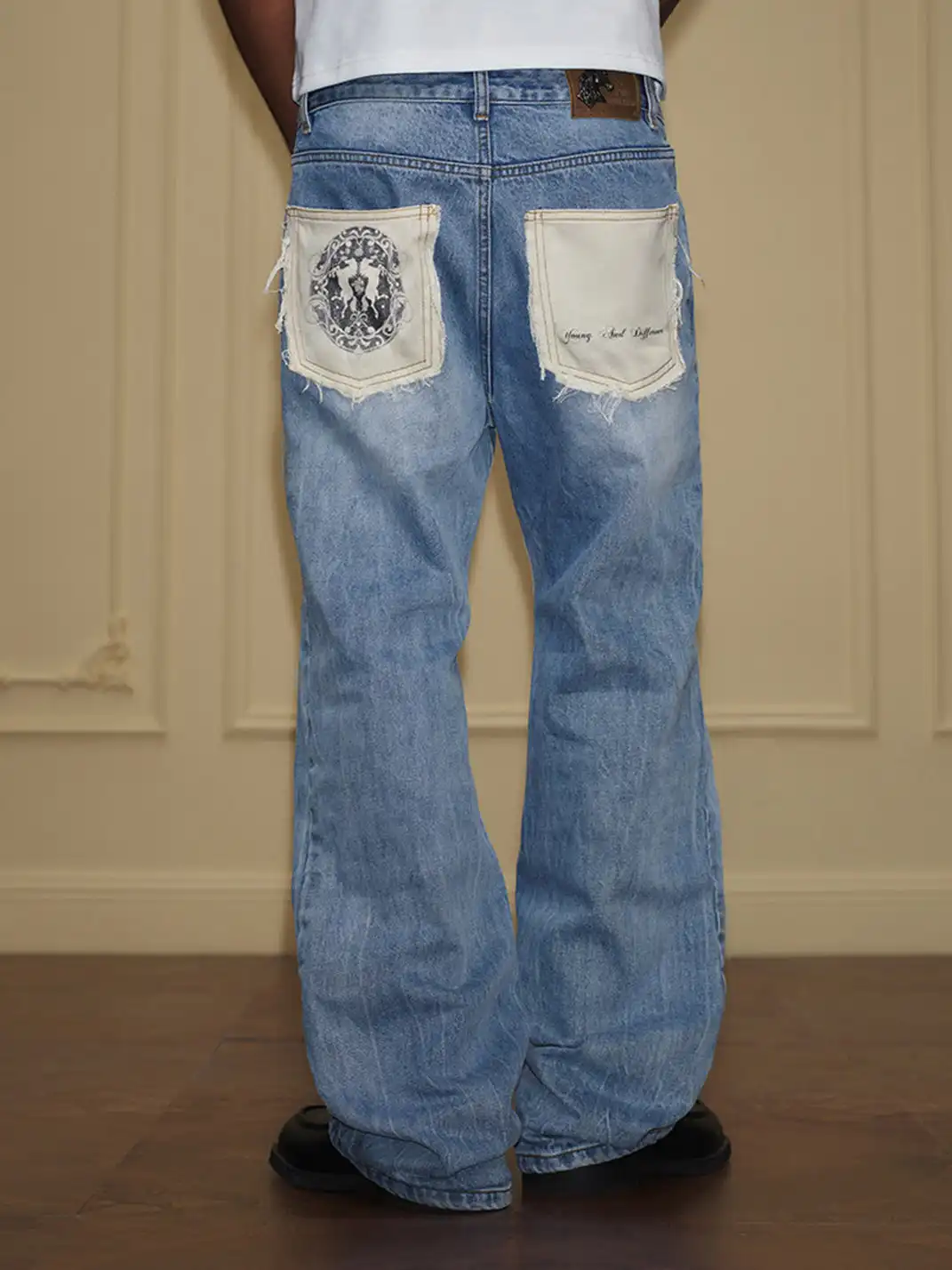 YADcrew | Frayed Print Back Pocket Lightning Bolt Pattern Jeans