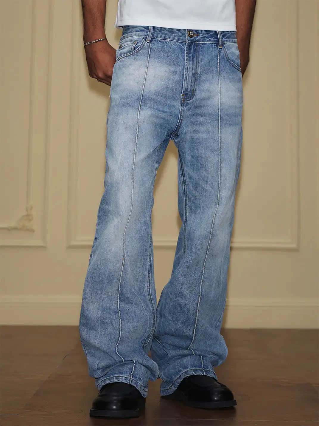YADcrew | Frayed Print Back Pocket Lightning Bolt Pattern Jeans