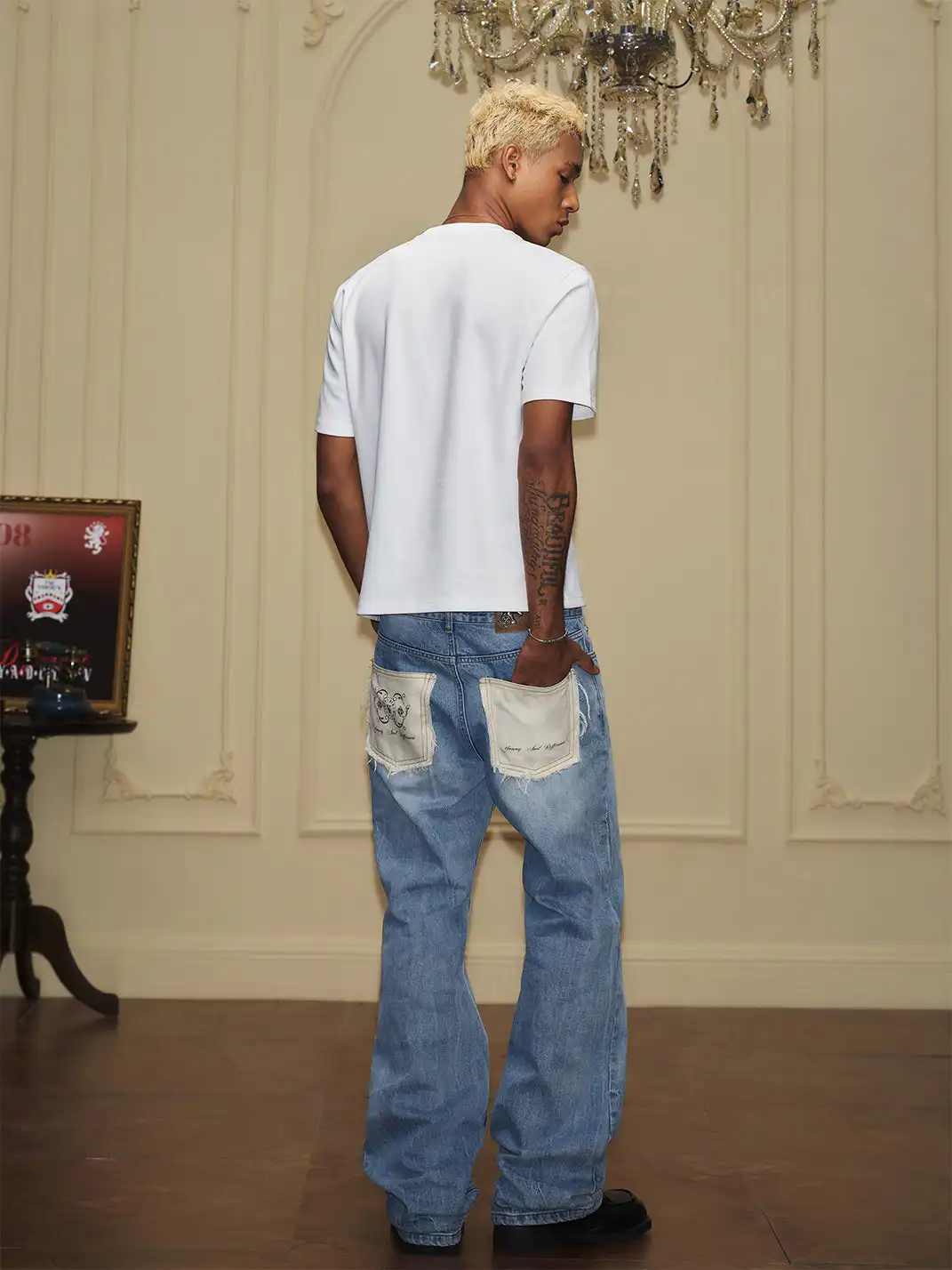YADcrew | Frayed Print Back Pocket Lightning Bolt Pattern Jeans