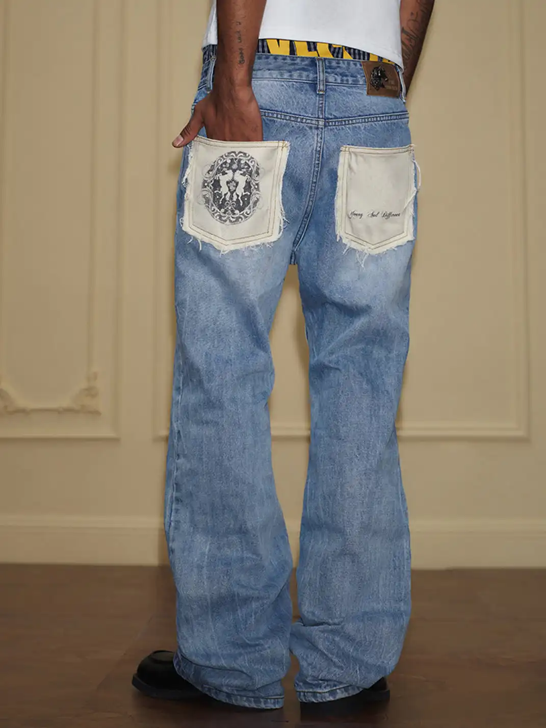 YADcrew | Frayed Print Back Pocket Lightning Bolt Pattern Jeans