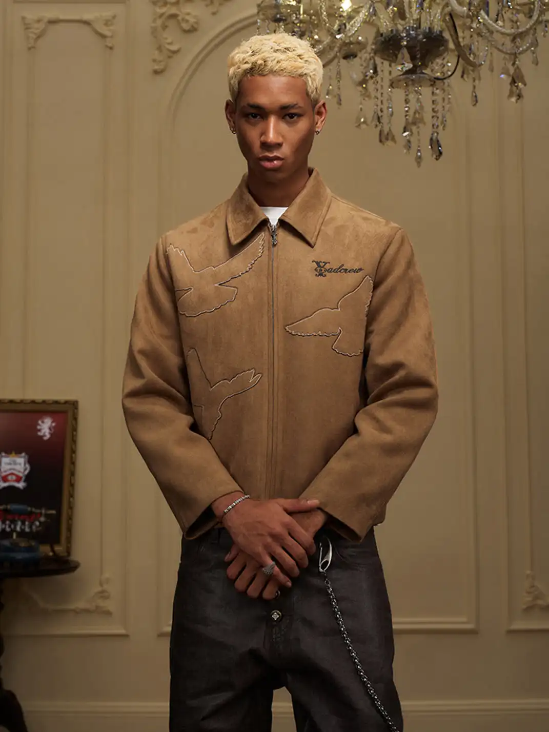 YADcrew | Peace Dove Silhouette Patch Suede Lapel Jacket