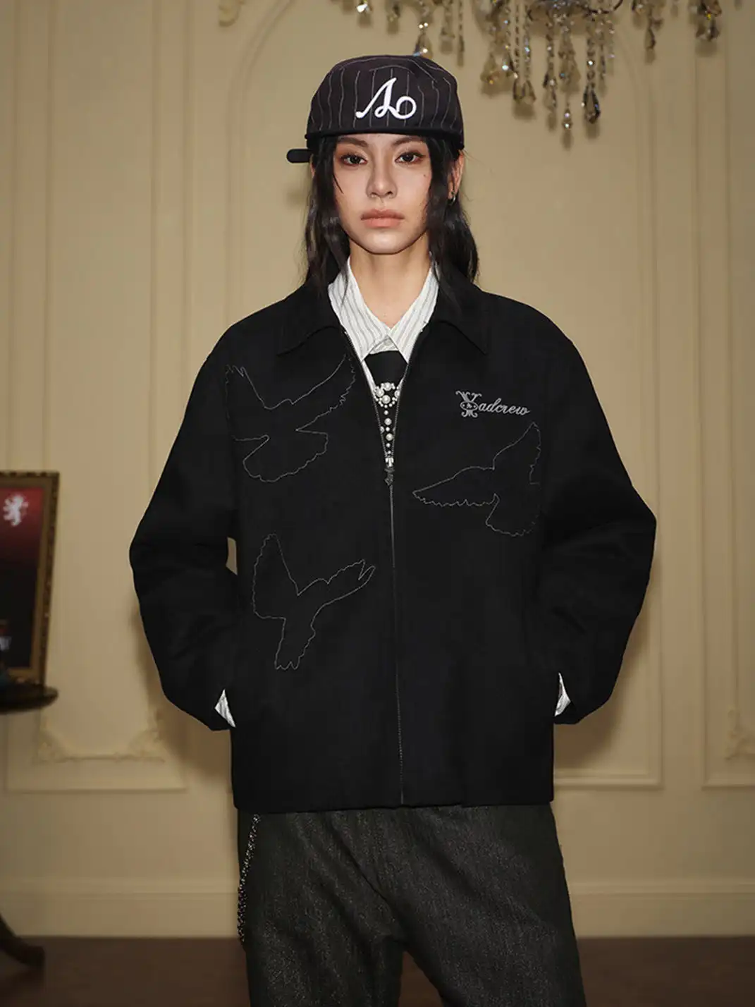 YADcrew | Peace Dove Silhouette Patch Suede Lapel Jacket