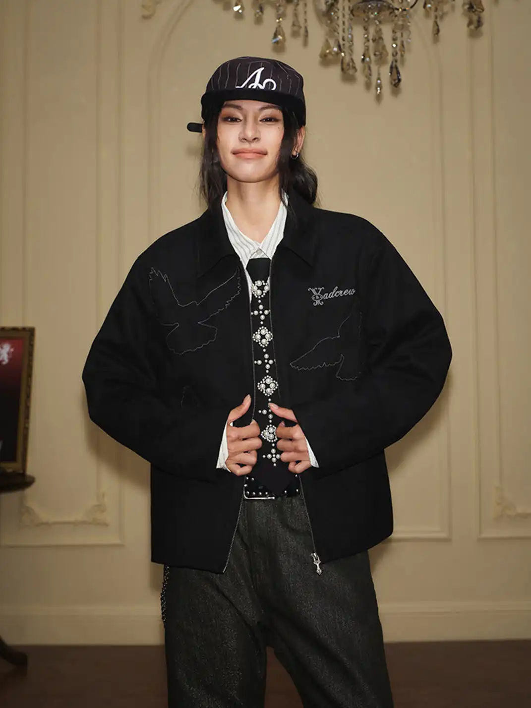 YADcrew | Peace Dove Silhouette Patch Suede Lapel Jacket