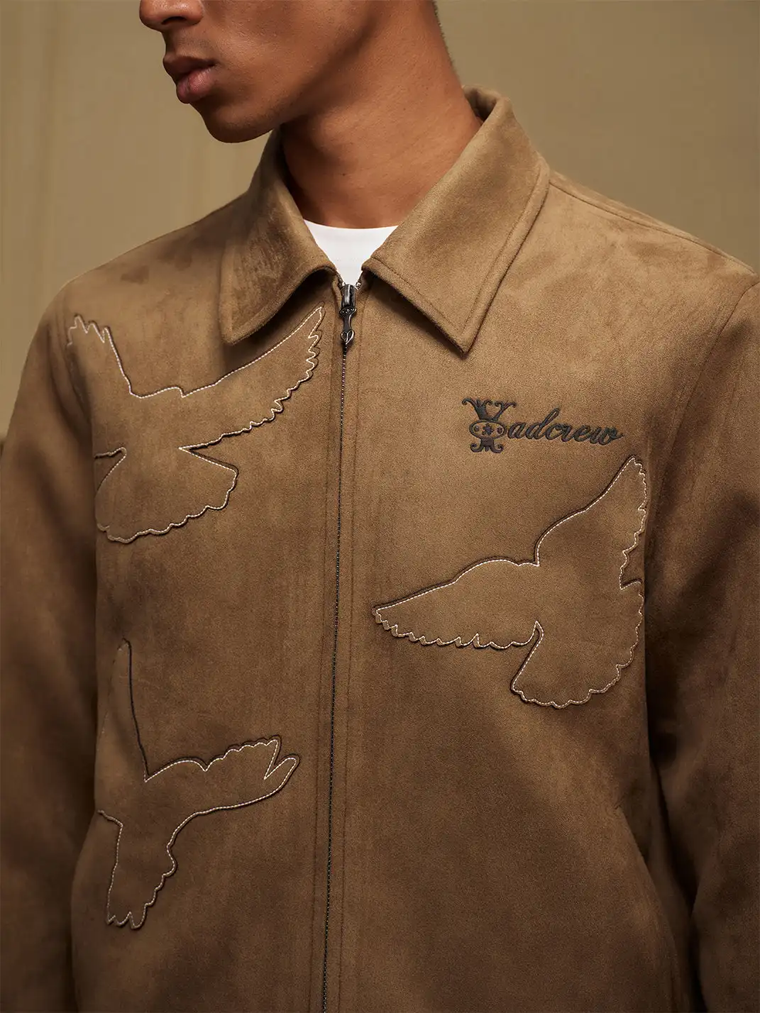 YADcrew | Peace Dove Silhouette Patch Suede Lapel Jacket