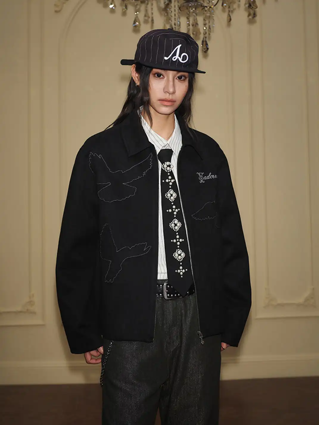 YADcrew | Peace Dove Silhouette Patch Suede Lapel Jacket