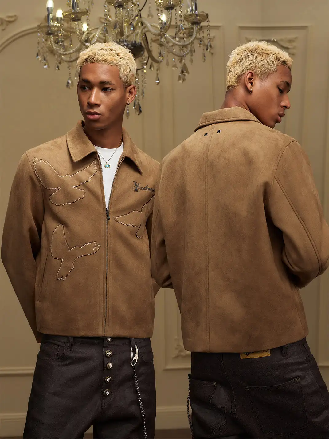 YADcrew | Peace Dove Silhouette Patch Suede Lapel Jacket