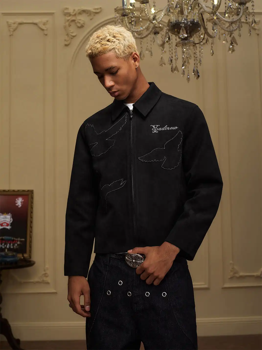 YADcrew | Peace Dove Silhouette Patch Suede Lapel Jacket