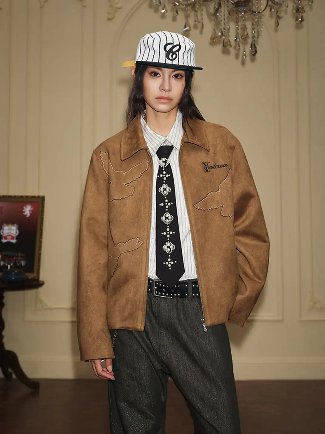 YADcrew | Peace Dove Silhouette Patch Suede Lapel Jacket