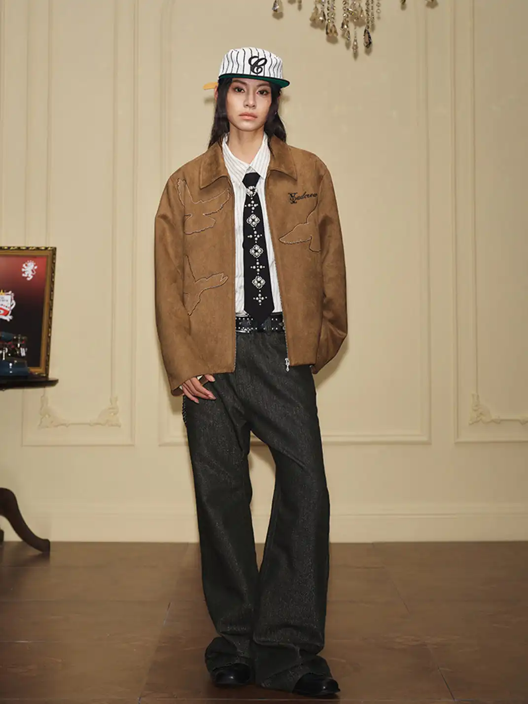 YADcrew | Peace Dove Silhouette Patch Suede Lapel Jacket