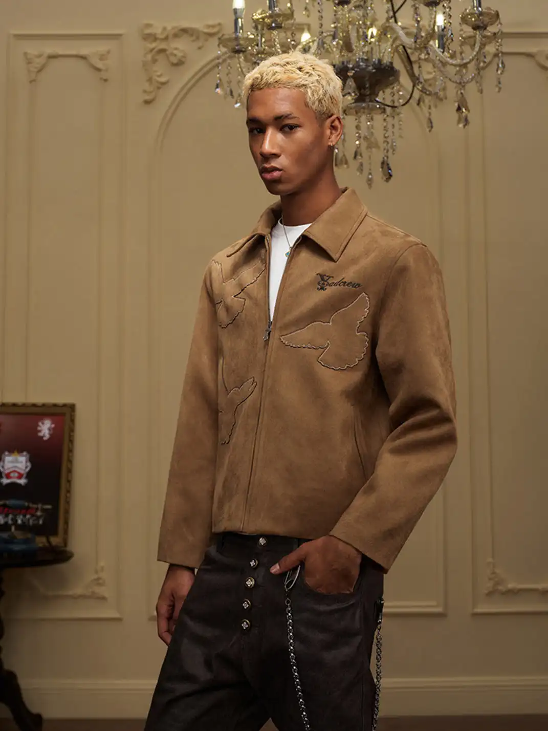 YADcrew | Peace Dove Silhouette Patch Suede Lapel Jacket