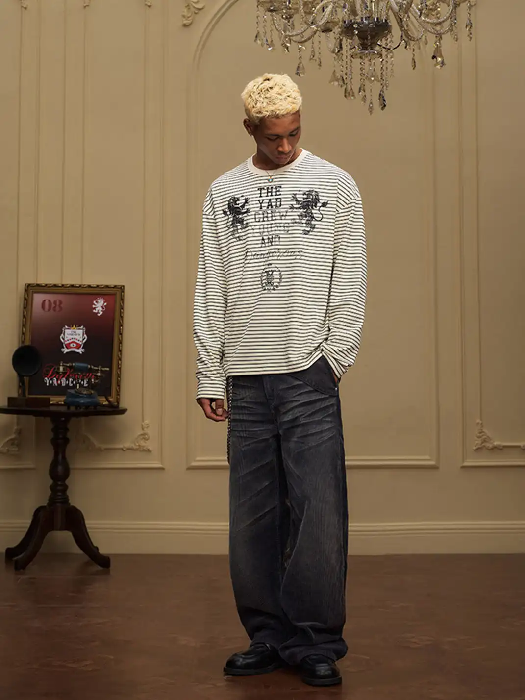 YADcrew | Double Lion Print Striped T-shirt