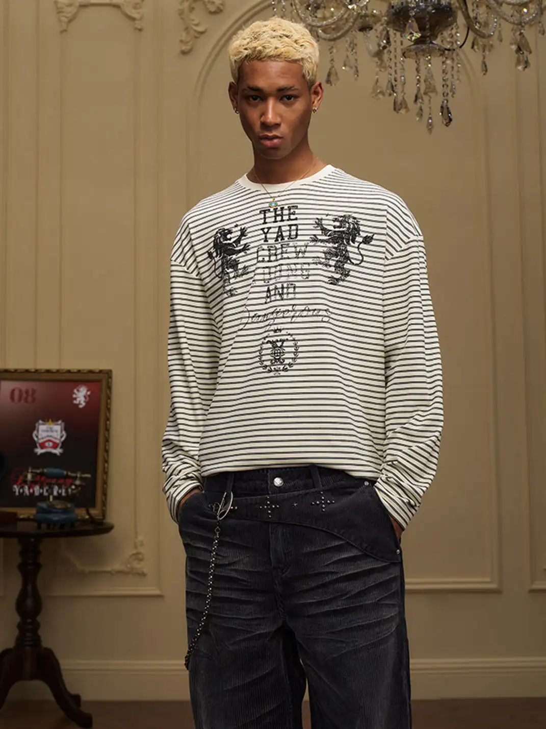 YADcrew | Double Lion Print Striped T-shirt