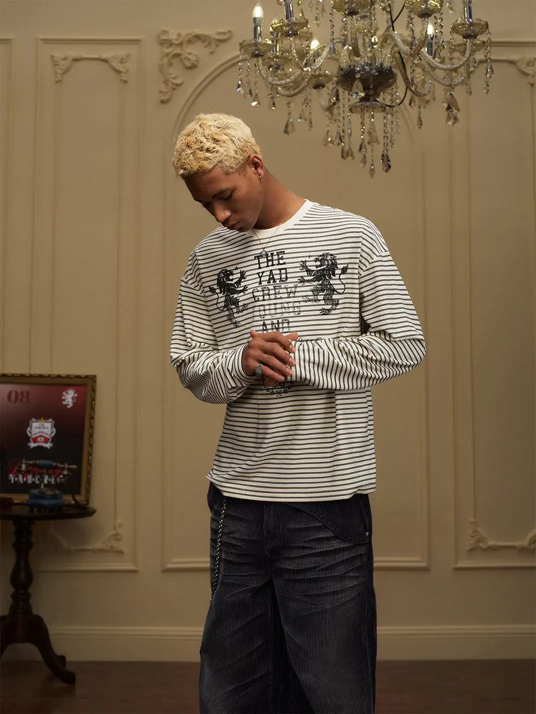 YADcrew | Double Lion Print Striped T-shirt