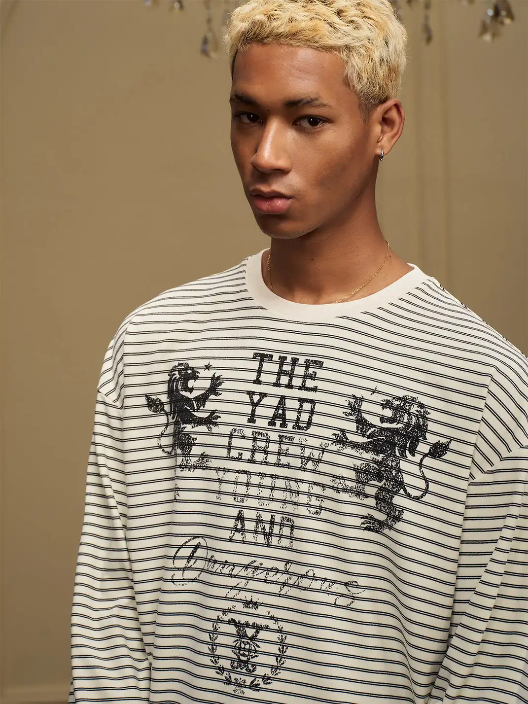 YADcrew | Double Lion Print Striped T-shirt