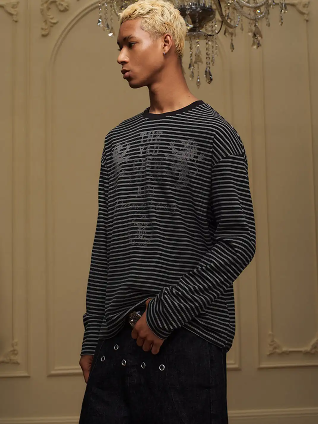 YADcrew | Double Lion Print Striped T-shirt