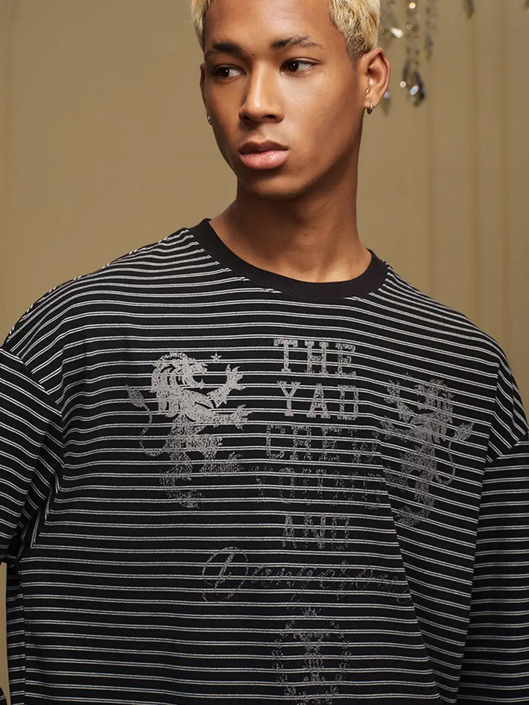 YADcrew | Double Lion Print Striped T-shirt