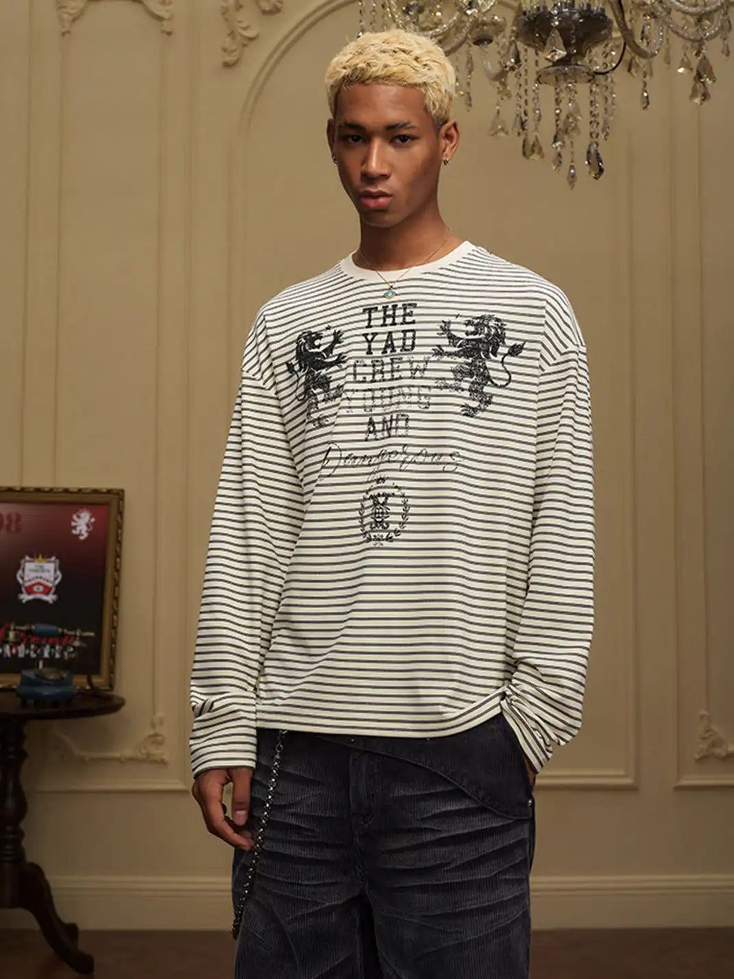 YADcrew | Double Lion Print Striped T-shirt