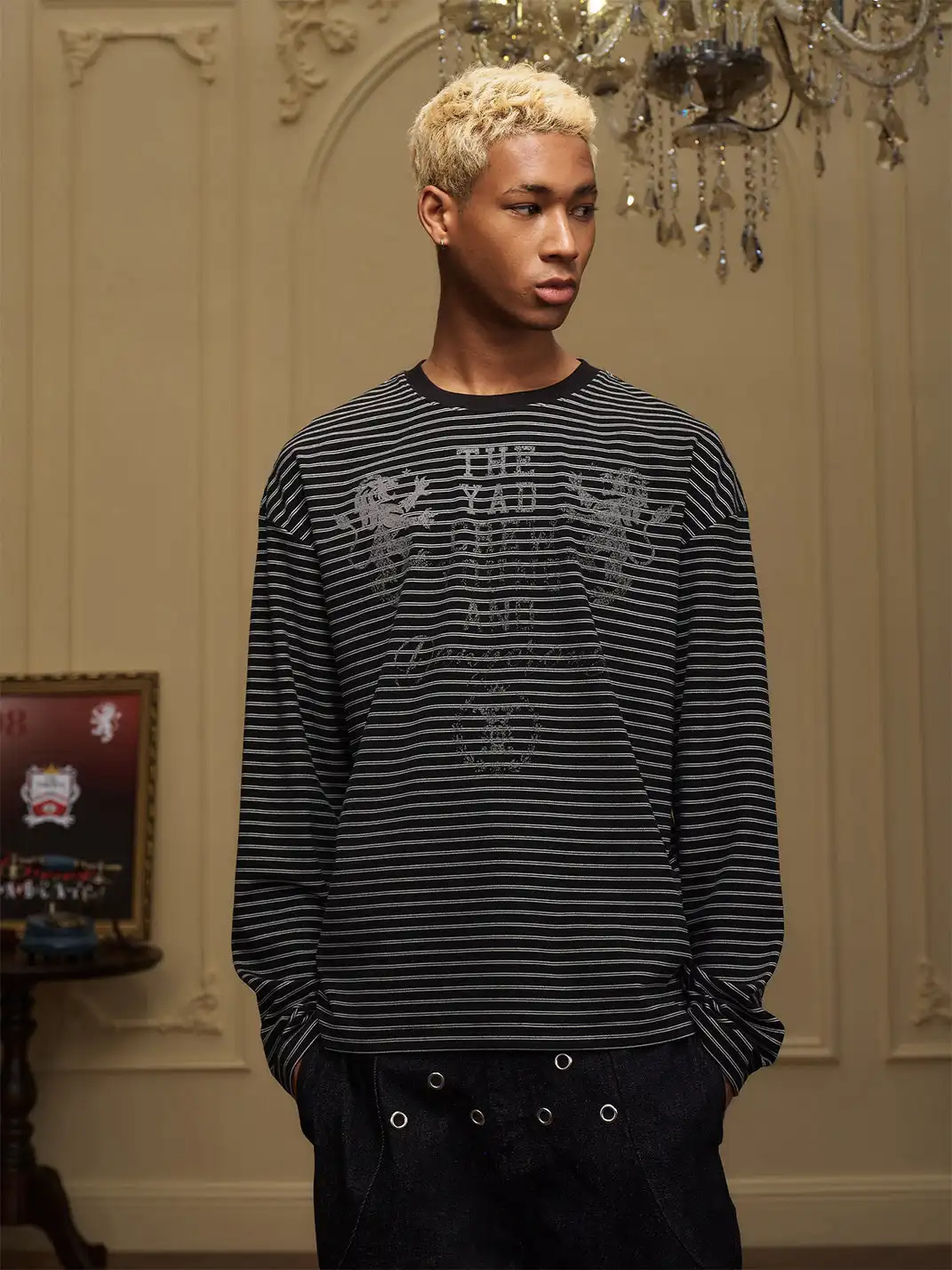 YADcrew | Double Lion Print Striped T-shirt