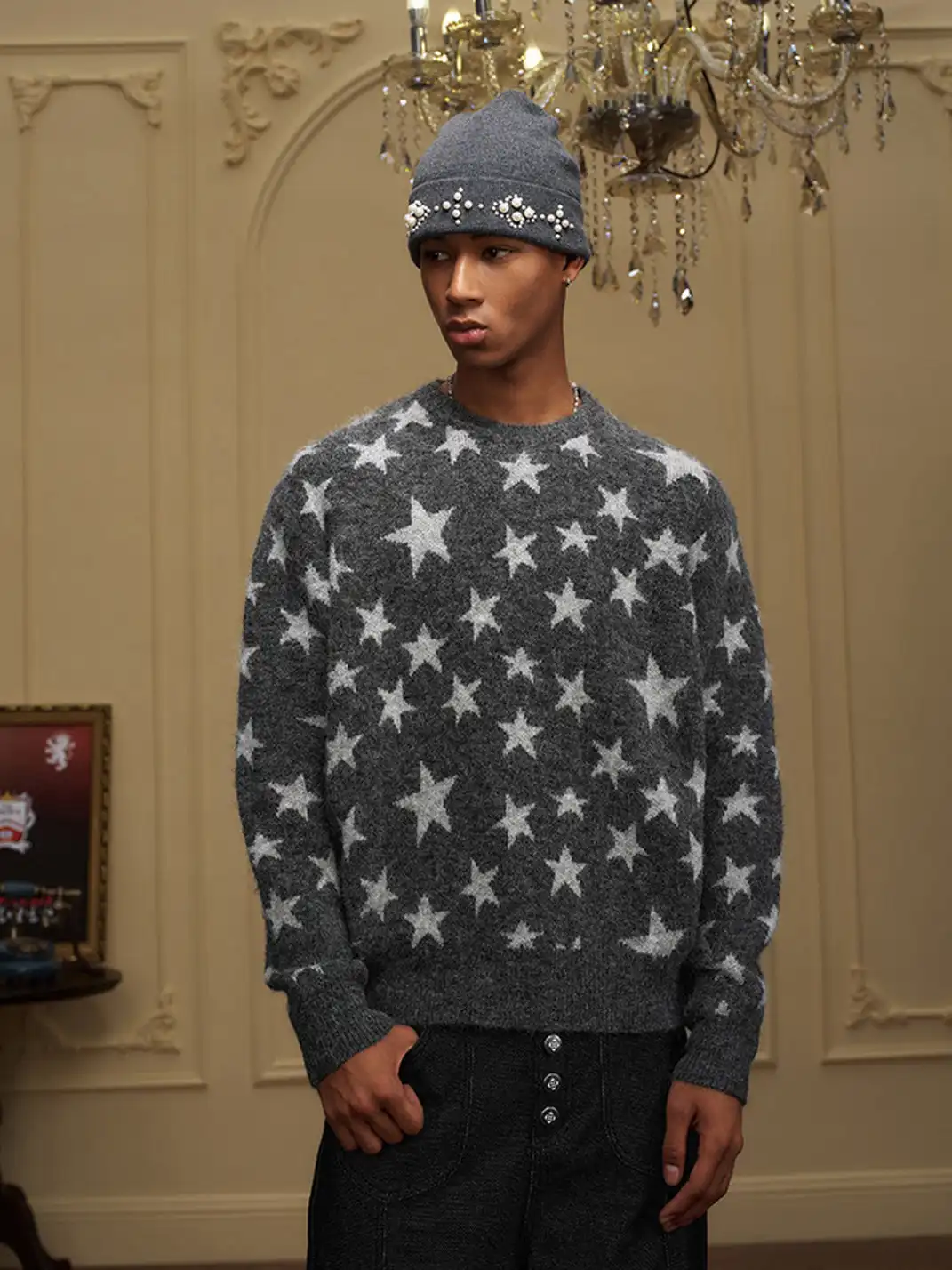 YADcrew | Star Jacquard Faux Cashmere Crew Neck Sweater