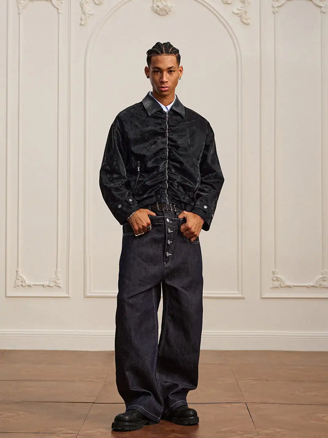YADcrew | Genuine Sheepskin Collar Pleated Lapel Jacket