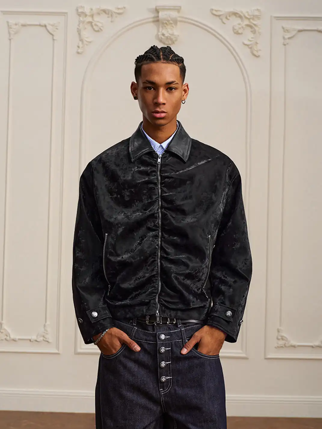 YADcrew | Genuine Sheepskin Collar Pleated Lapel Jacket