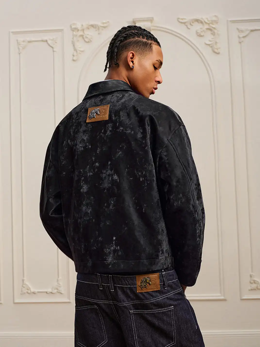 YADcrew | Genuine Sheepskin Collar Pleated Lapel Jacket