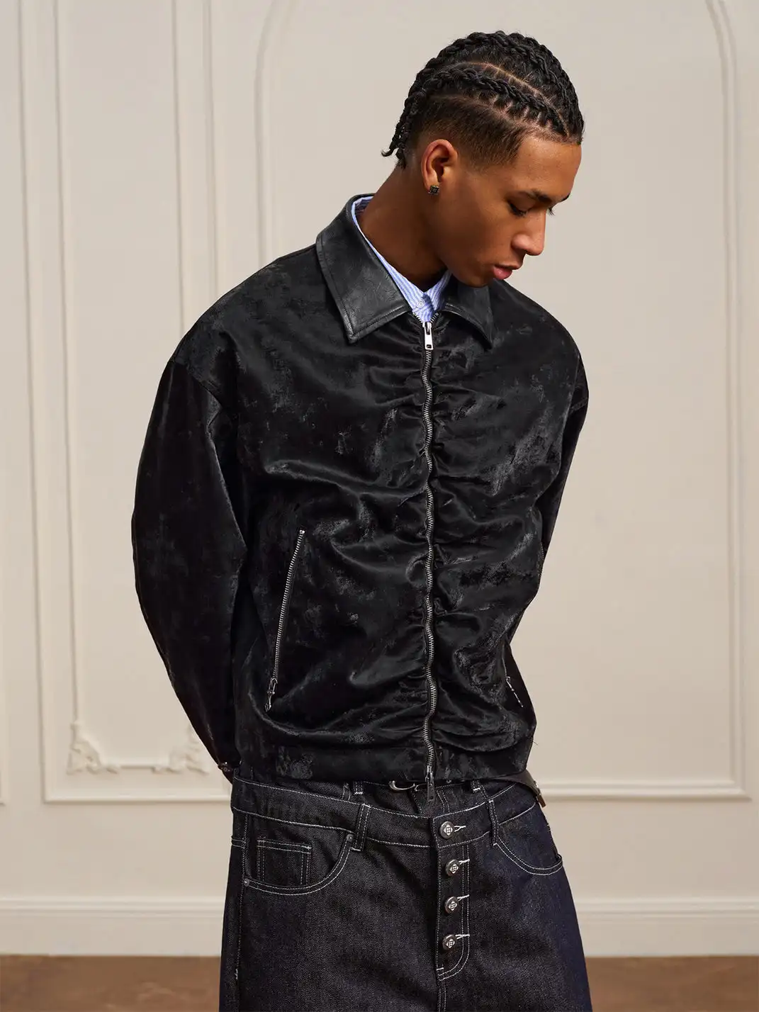 YADcrew | Genuine Sheepskin Collar Pleated Lapel Jacket