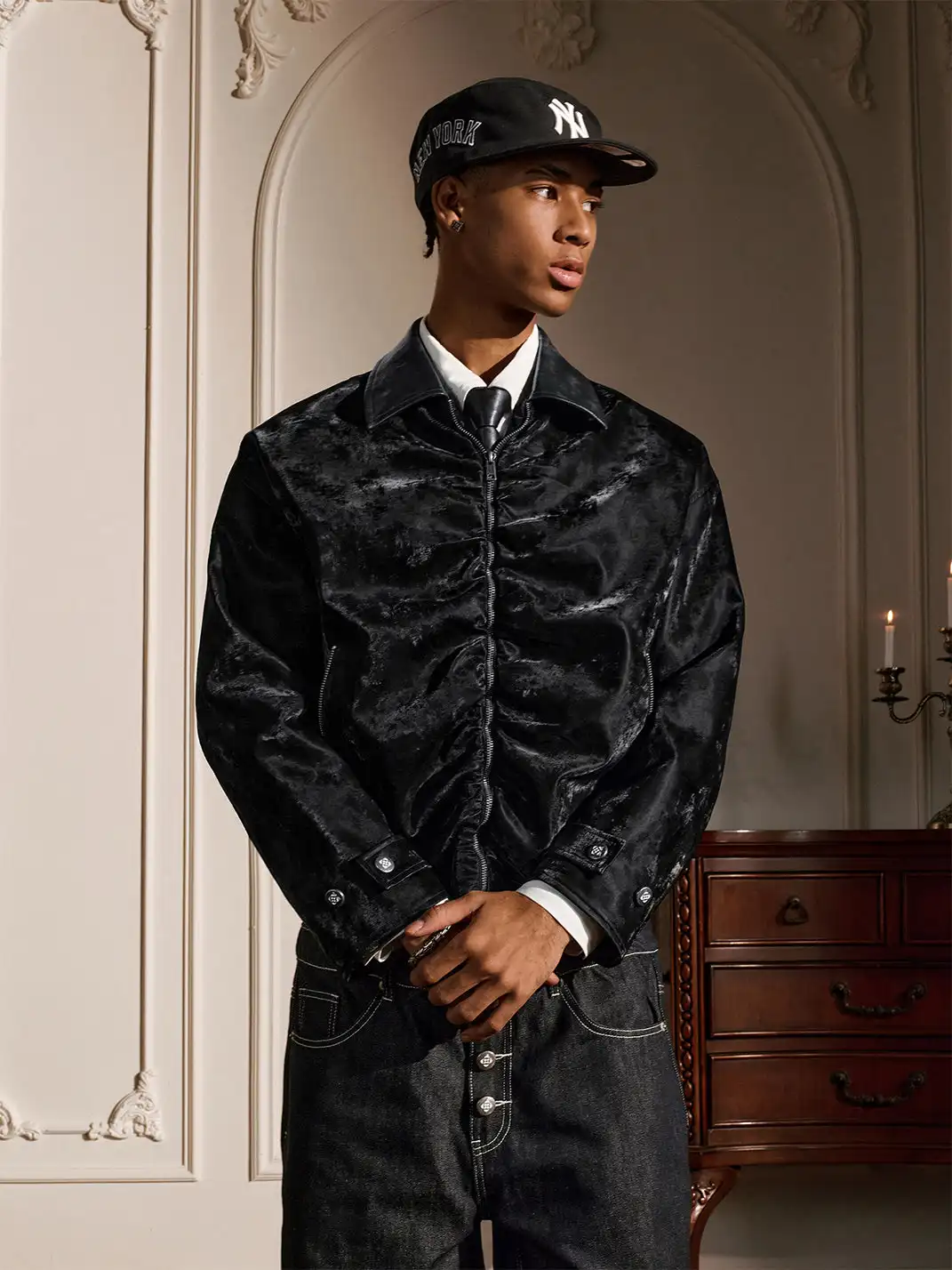 YADcrew | Genuine Sheepskin Collar Pleated Lapel Jacket