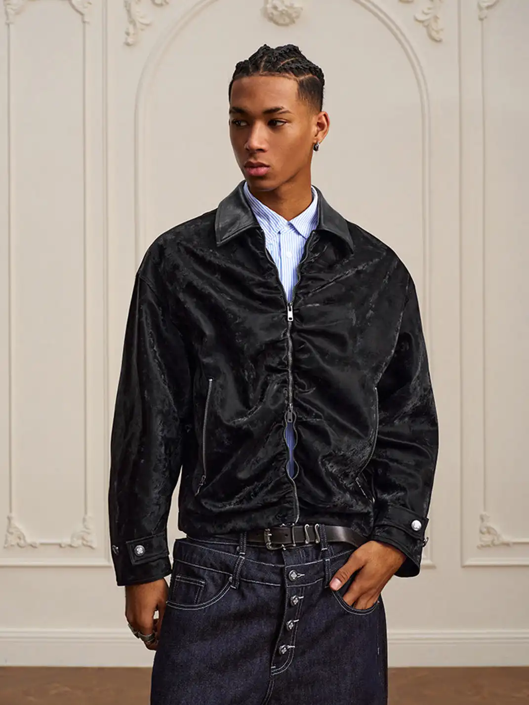 YADcrew | Genuine Sheepskin Collar Pleated Lapel Jacket