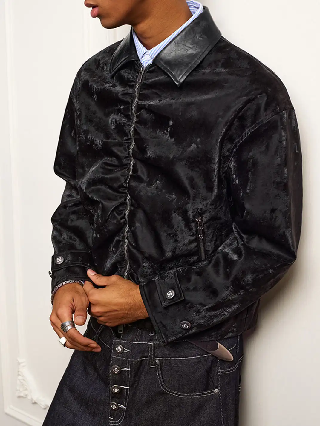 YADcrew | Genuine Sheepskin Collar Pleated Lapel Jacket