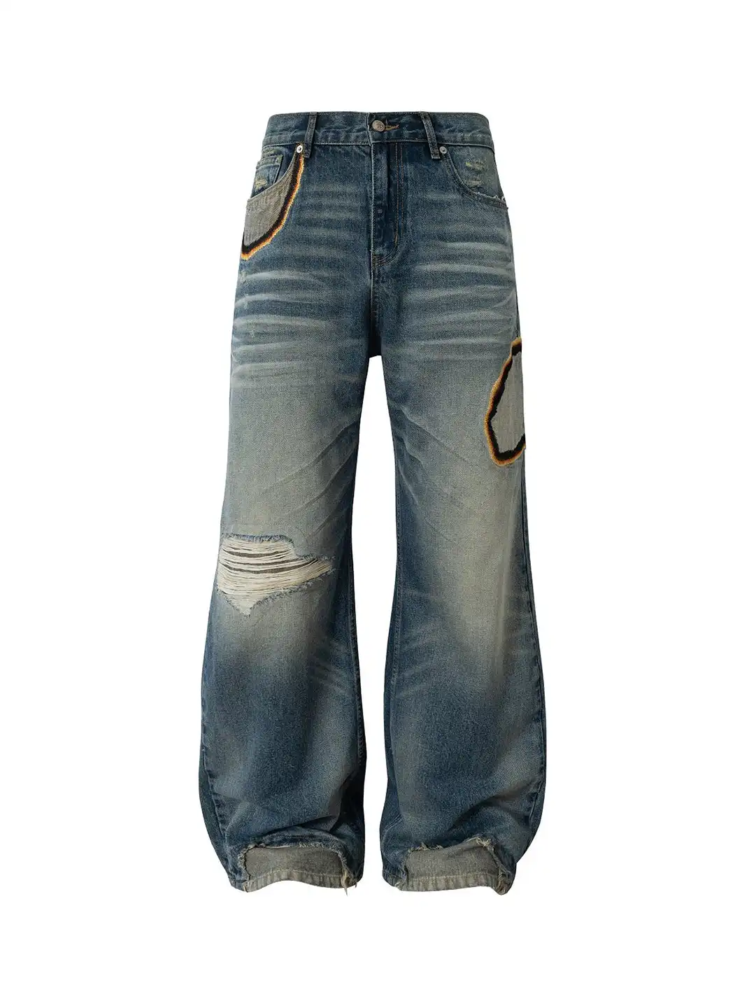 YADcrew | Embroidered Pleated Whiskered Jeans