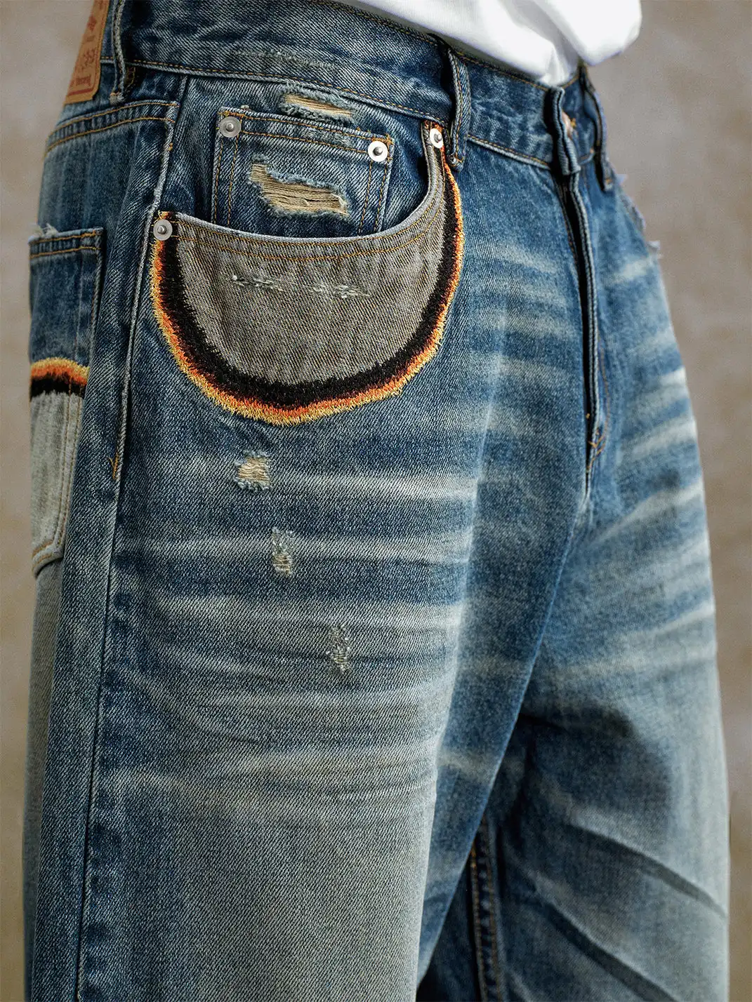 YADcrew | Embroidered Pleated Whiskered Jeans