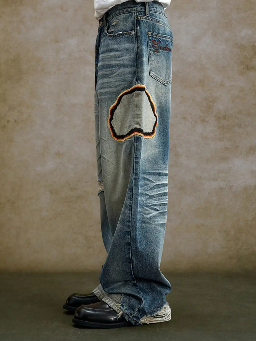 YADcrew | Embroidered Pleated Whiskered Jeans