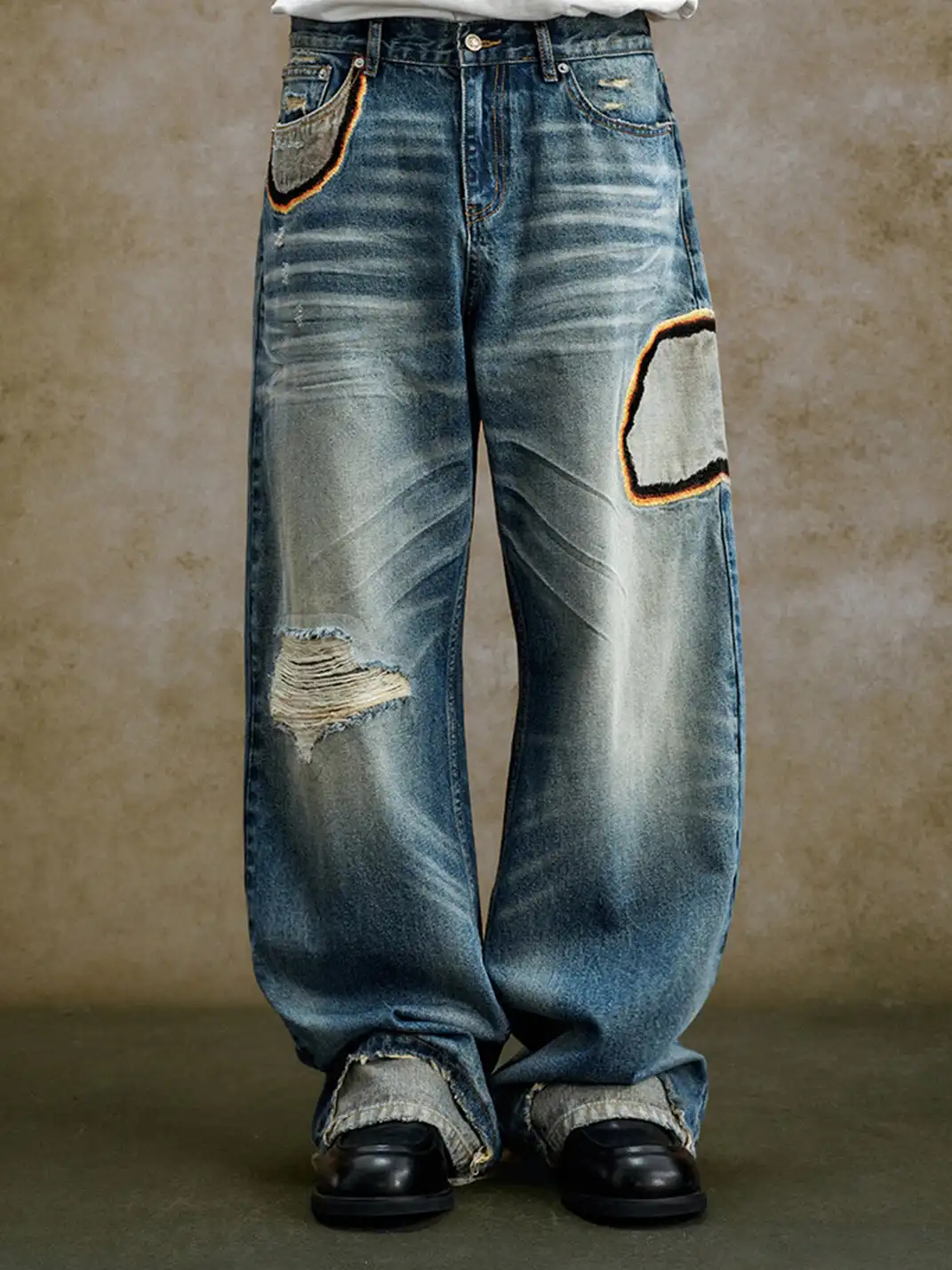 YADcrew | Embroidered Pleated Whiskered Jeans