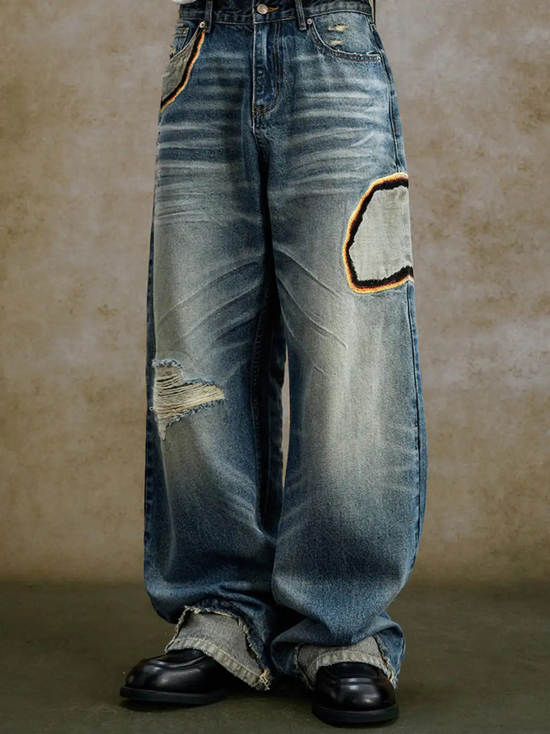 YADcrew | Embroidered Pleated Whiskered Jeans