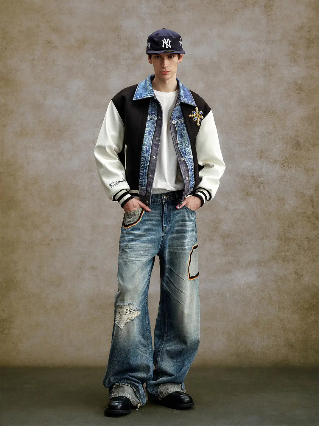 YADcrew | Embroidered Pleated Whiskered Jeans