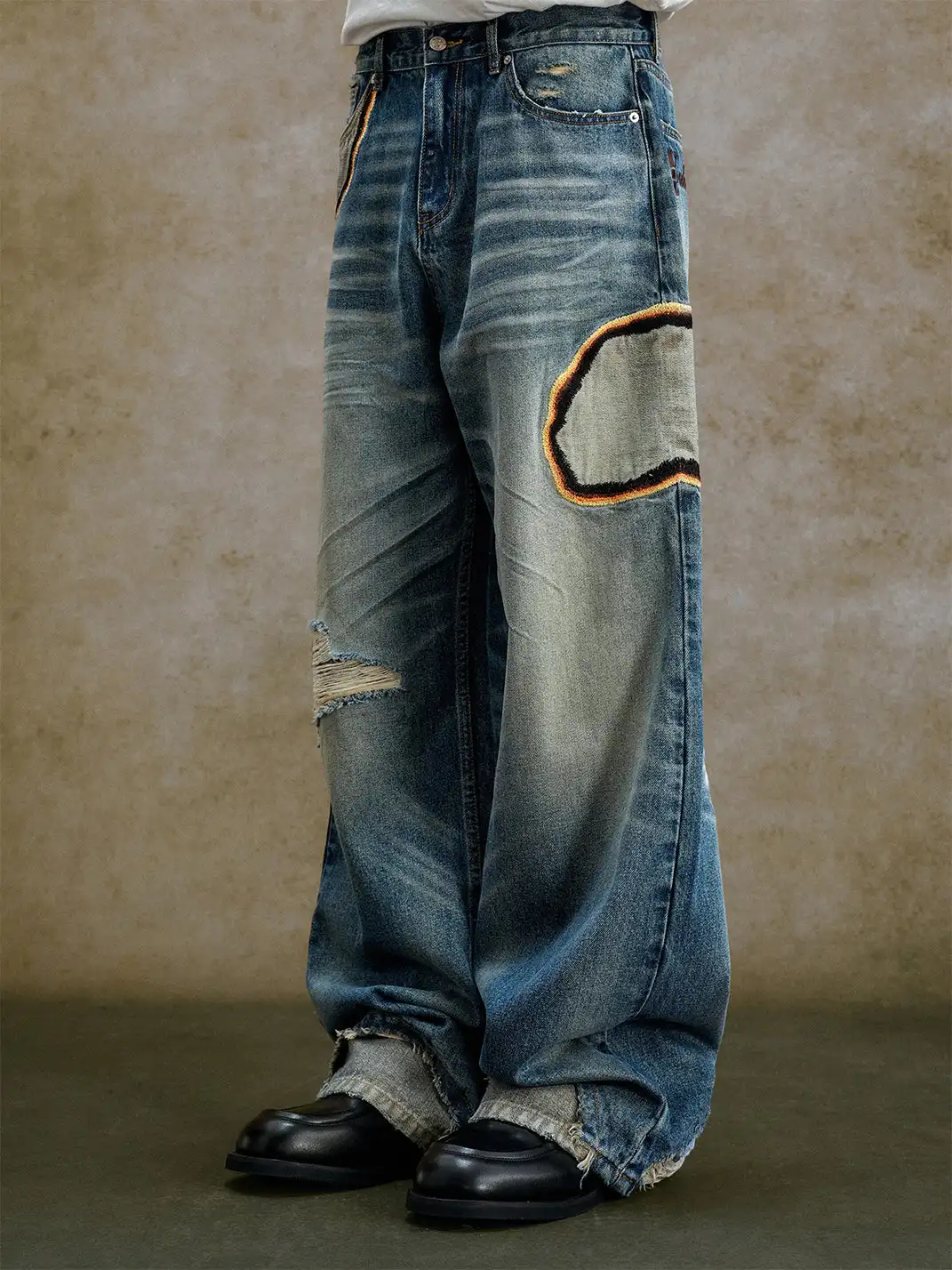 YADcrew | Embroidered Pleated Whiskered Jeans