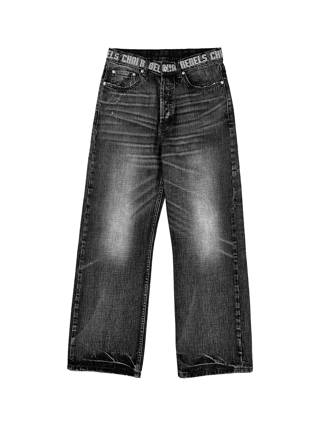 CHAI | Washed Cat Whisker Embroidered Waistband Jeans