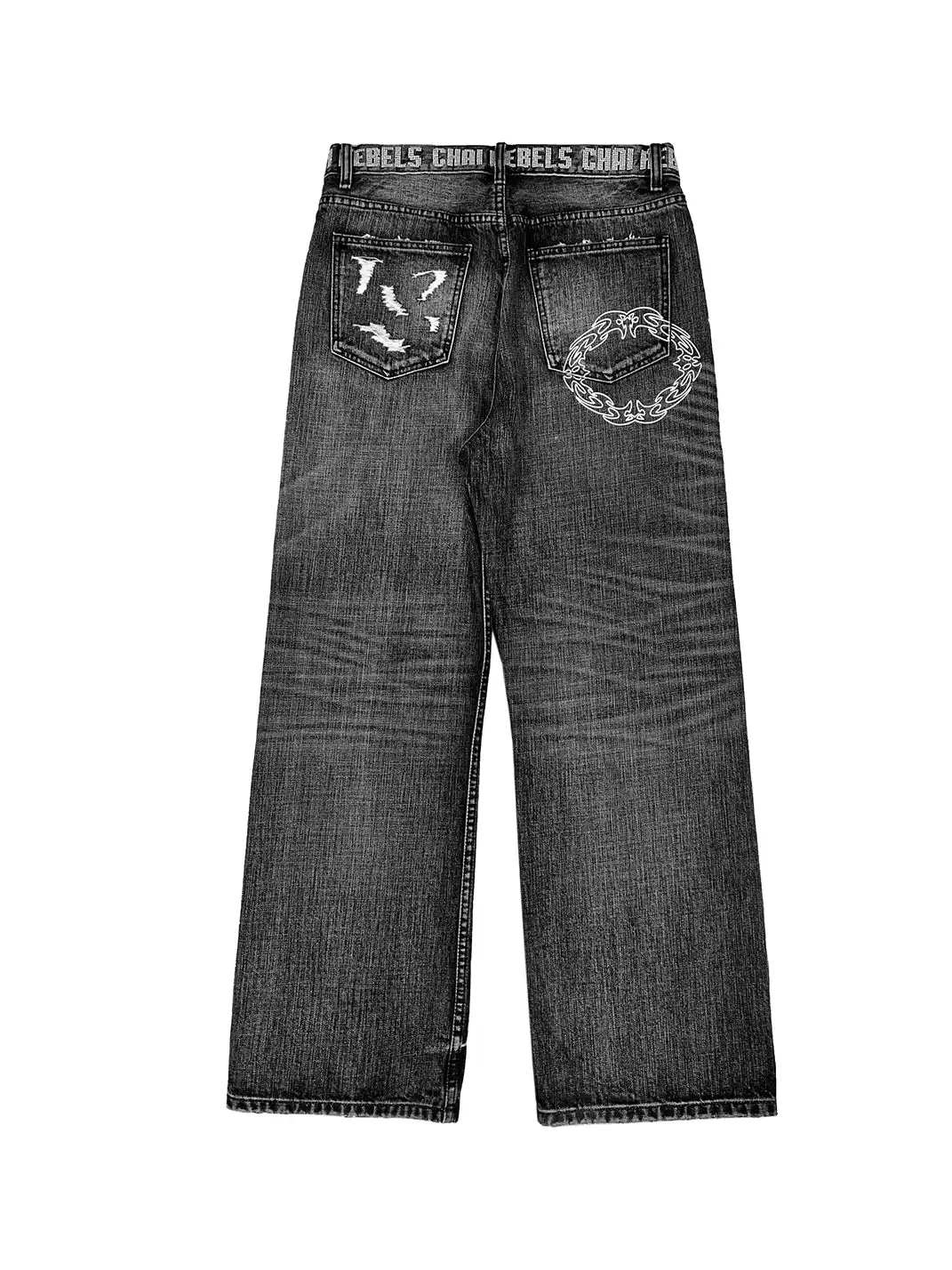 CHAI | Washed Cat Whisker Embroidered Waistband Jeans