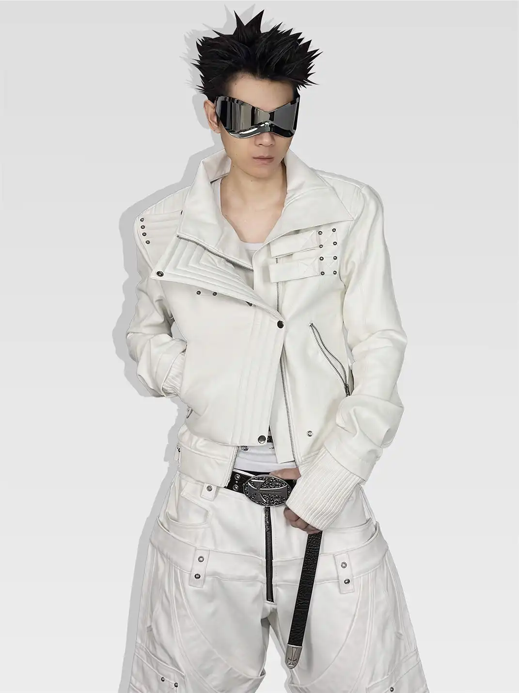 ATA NOTHINGNESS | Five Gold Silver Moon Knight White Leather Jacket