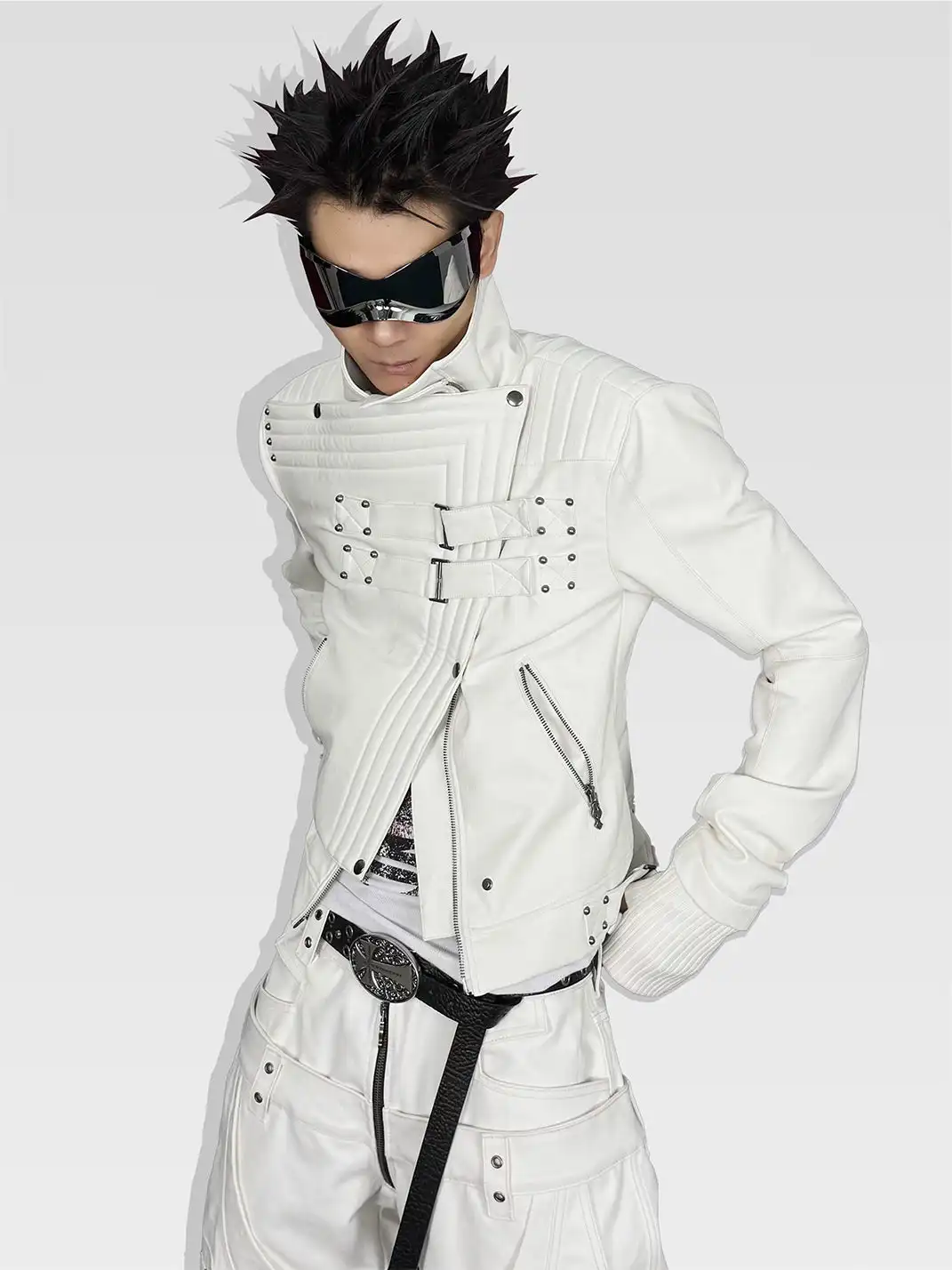 ATA NOTHINGNESS | Five Gold Silver Moon Knight White Leather Jacket