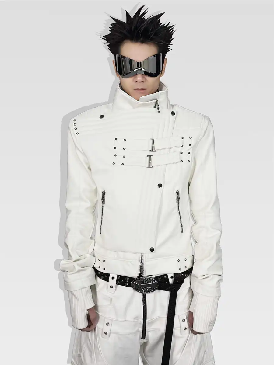 ATA NOTHINGNESS | Five Gold Silver Moon Knight White Leather Jacket - 4