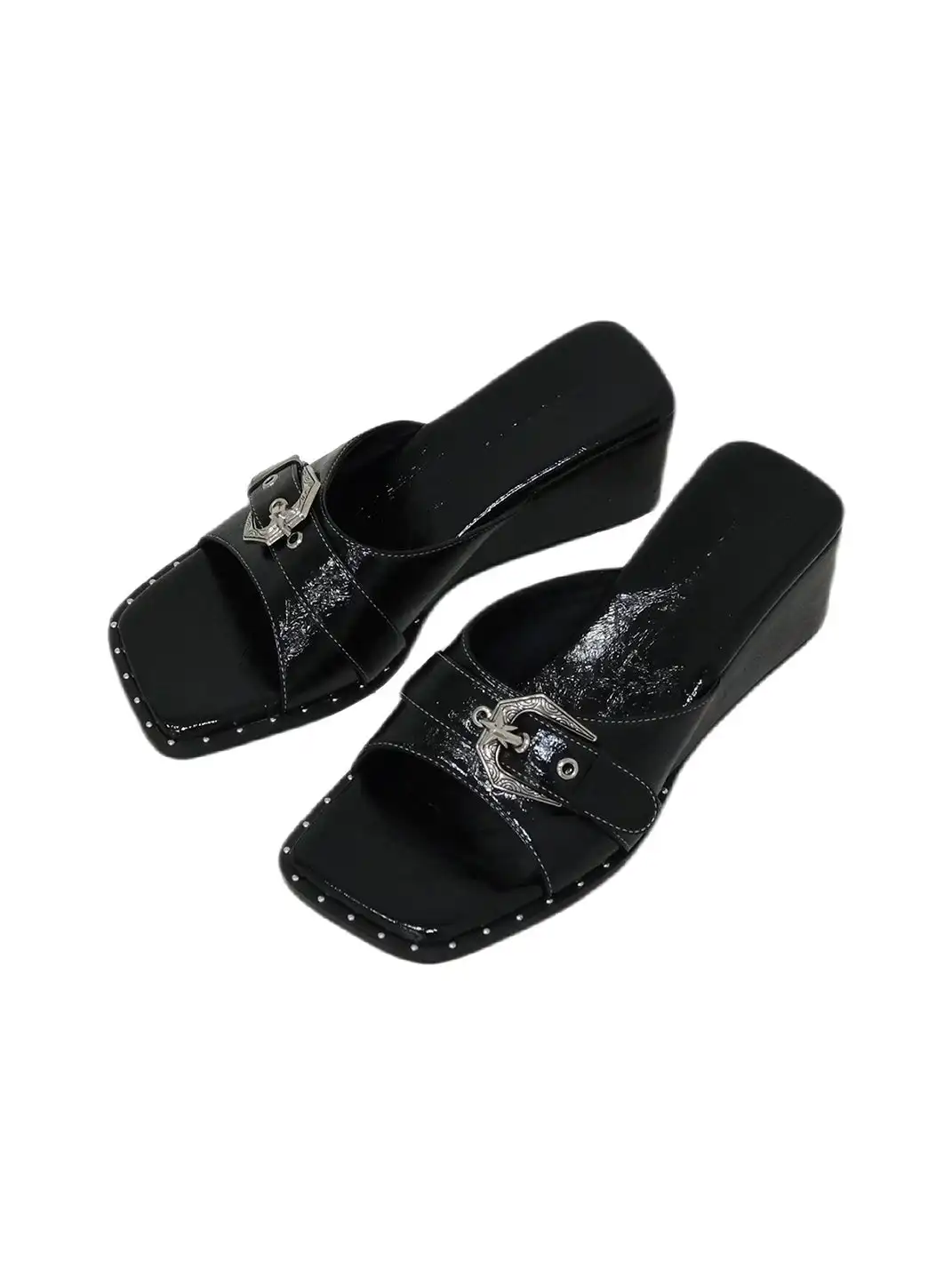 Mooreyu | Genuine Leather Square-Toe Wedge Sandals