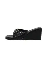 Mooreyu | Genuine Leather Square-Toe Wedge Sandals