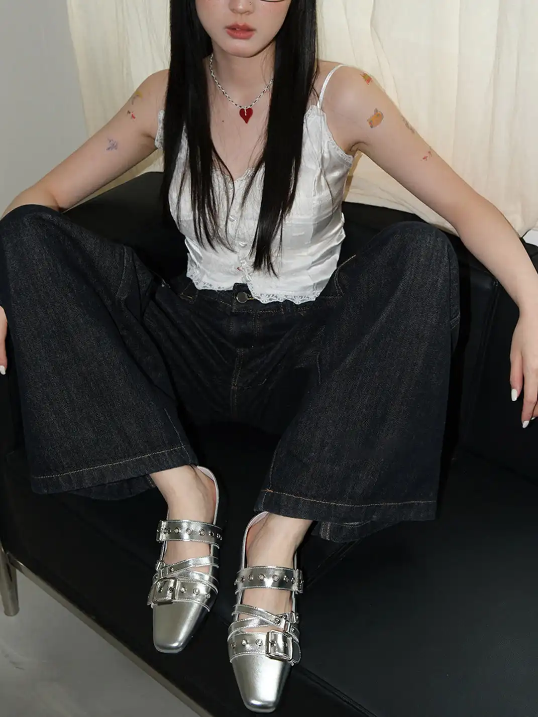Mooreyu | Square-Toed Studded Ballet Flats