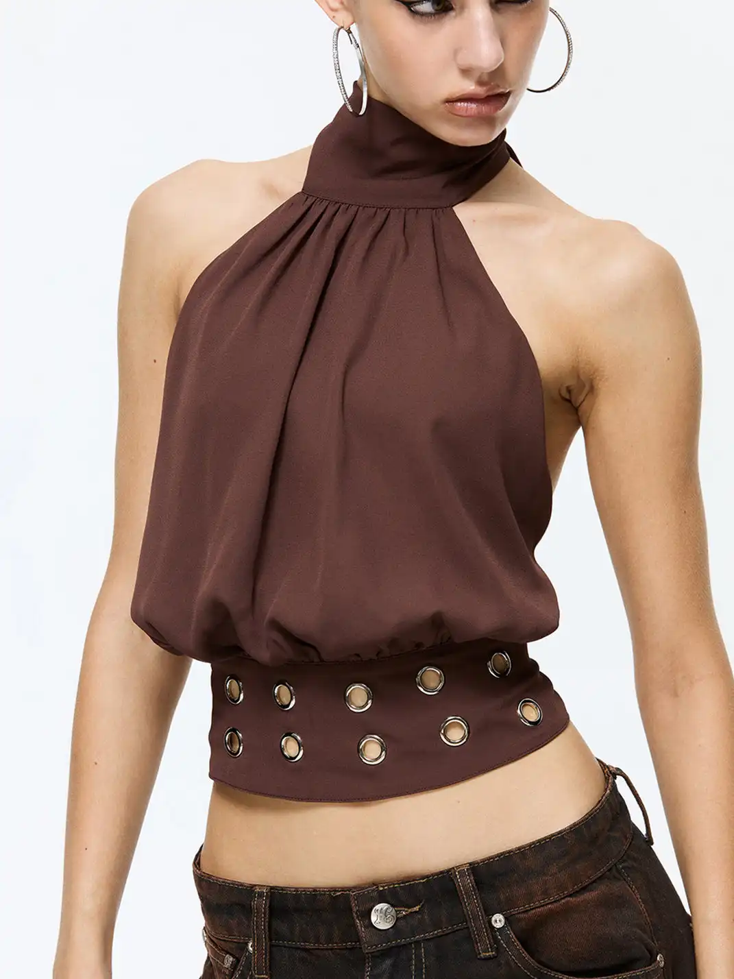 Latelylab | Halter Neck Off-Shoulder Tank Top-Brown